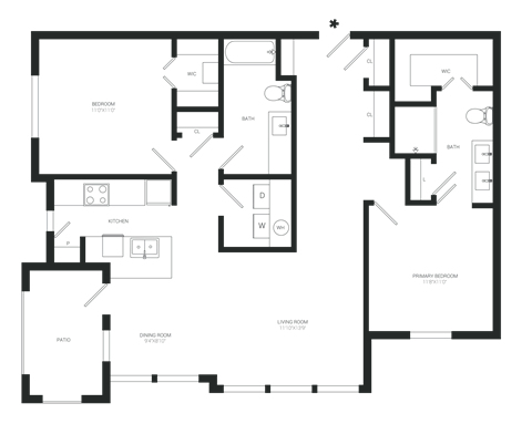 Floor plan for 2 beds, 2 baths, 1108 sqft